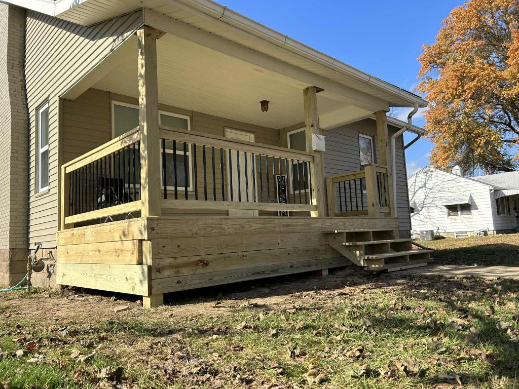Small covered front porch with custom deck construction